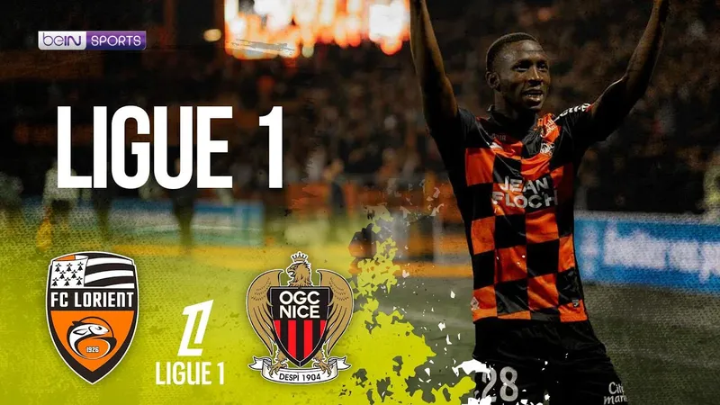 Cầu thủ Nice và Lorient tranh chấp quả bóng trên sân cỏ
