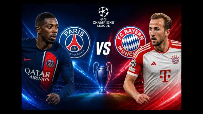 Cầu thủ PSG và Bayern Munich tranh chấp bóng trên sân